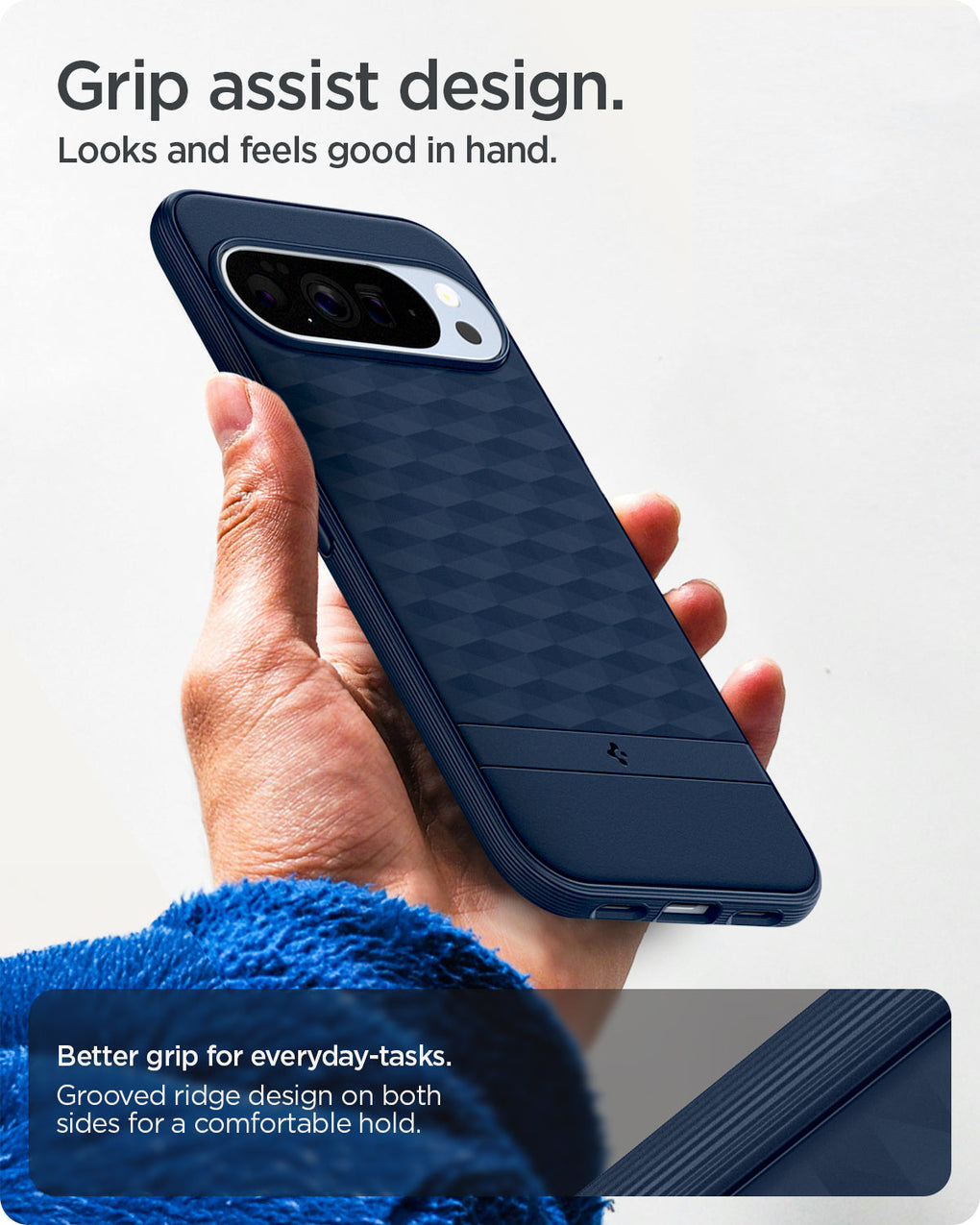 ACS09733 - Pixel 10 Pro XL Case Parallax (MagFit) in midnight blue showing the grip assist design. Looks and feels good in hand. Better grip for everyday-tasks. Grooved ridge design on both sides for a comfortable hold