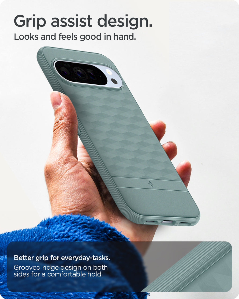 ACS09732 - Pixel 10 Pro XL Case Parallax (MagFit) in sage green showing the grip assist design. Looks and feels good in hand. Better grip for everyday-tasks. Grooved ridge design on both sides for a comfortable hold