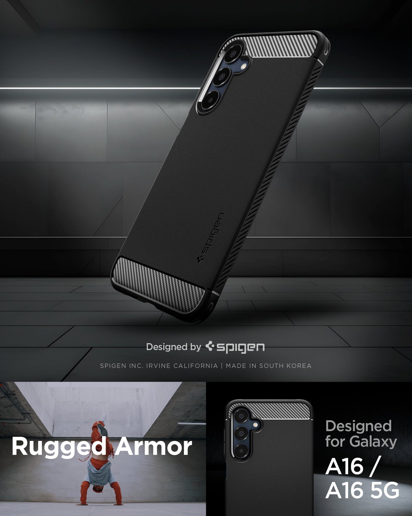 ACS08891 - Galaxy A16 5G Case Rugged Armor in Matte Black showing the back, partial side and bottom. Designed for Galaxy A16/A16 5G