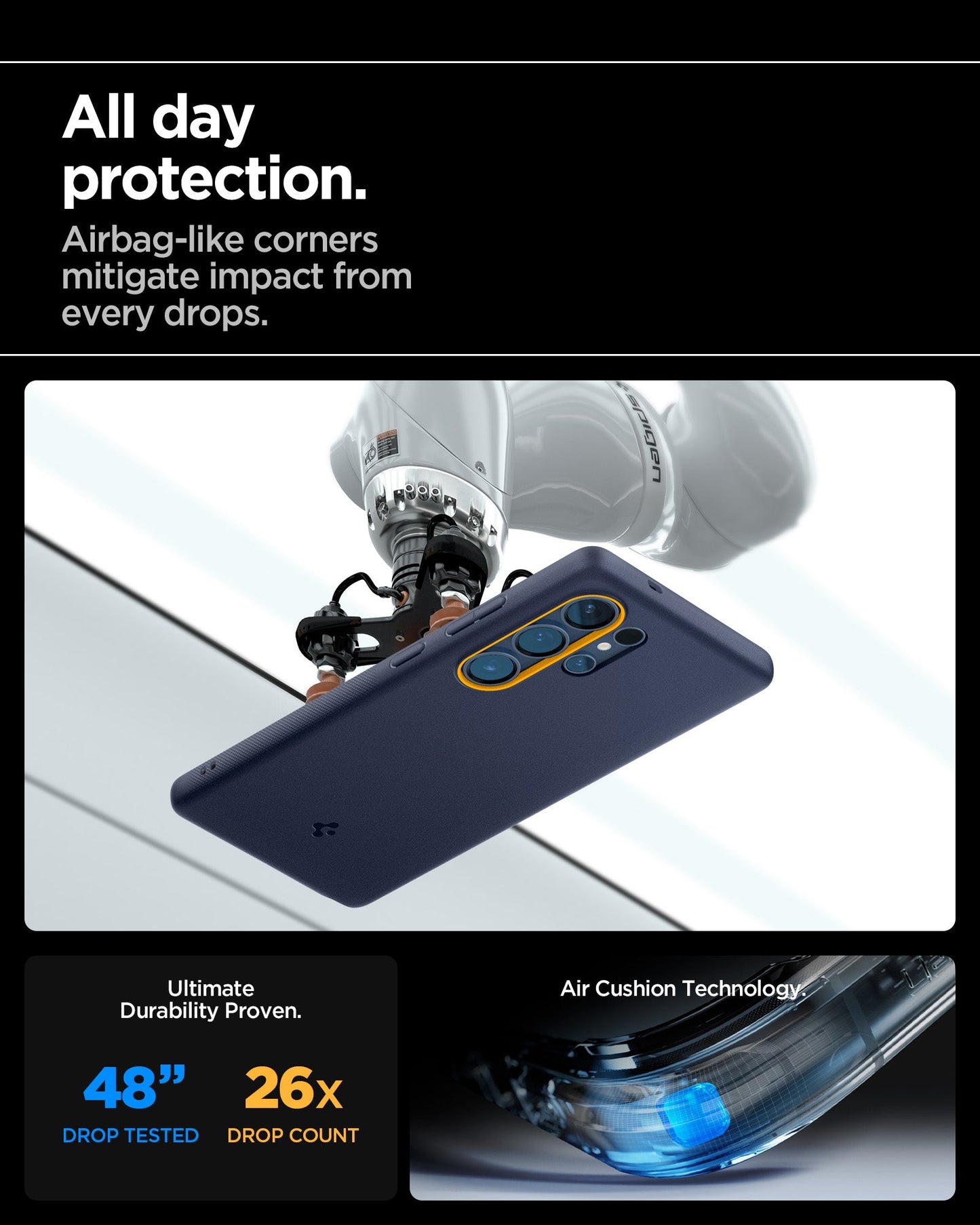 ACS09056 - Galaxy S25 Ultra Case Nano Pop (MagFit) in Blueberry Navy showing the all day protection. Airbag-like corners mitigate impact from every drops. Ultimate Durability Proven. 48" 26x drop count