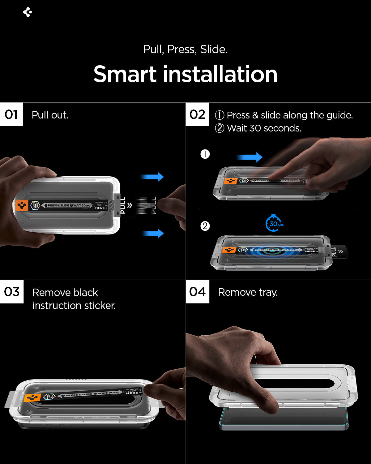 AGL11079 - Galaxy S26 Plus GLAS.tR EZ Fit Pro showing pull, press, slide smart installaion