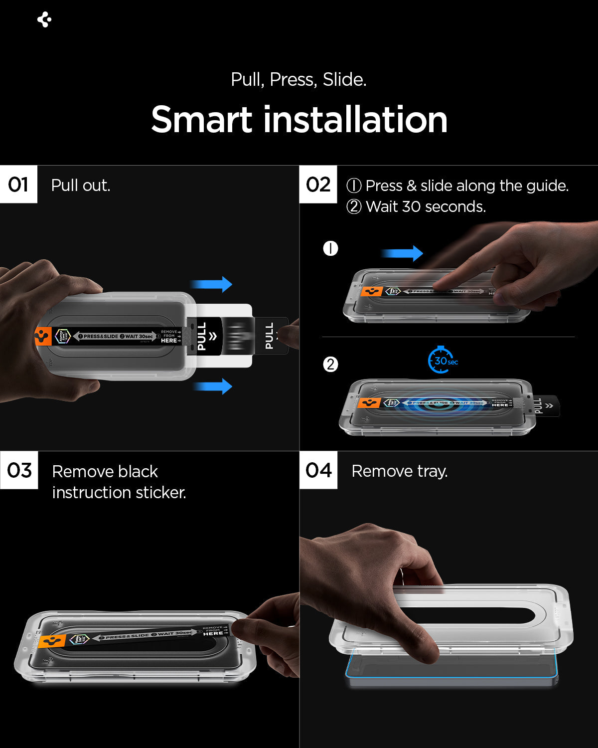 AGL11091 - Galaxy S26 GLAS.tR EZ Fit Pro showing pull, press, slide smart installaion