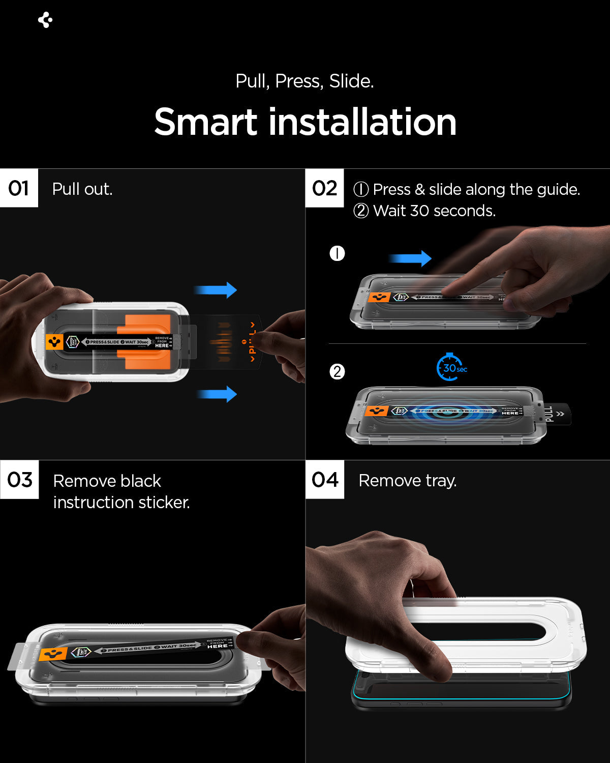 AGL11070 - Galaxy S26 Ultra GLAS.tR EZ Fit Pro | Privacy showing pull, press, slide smart installaion