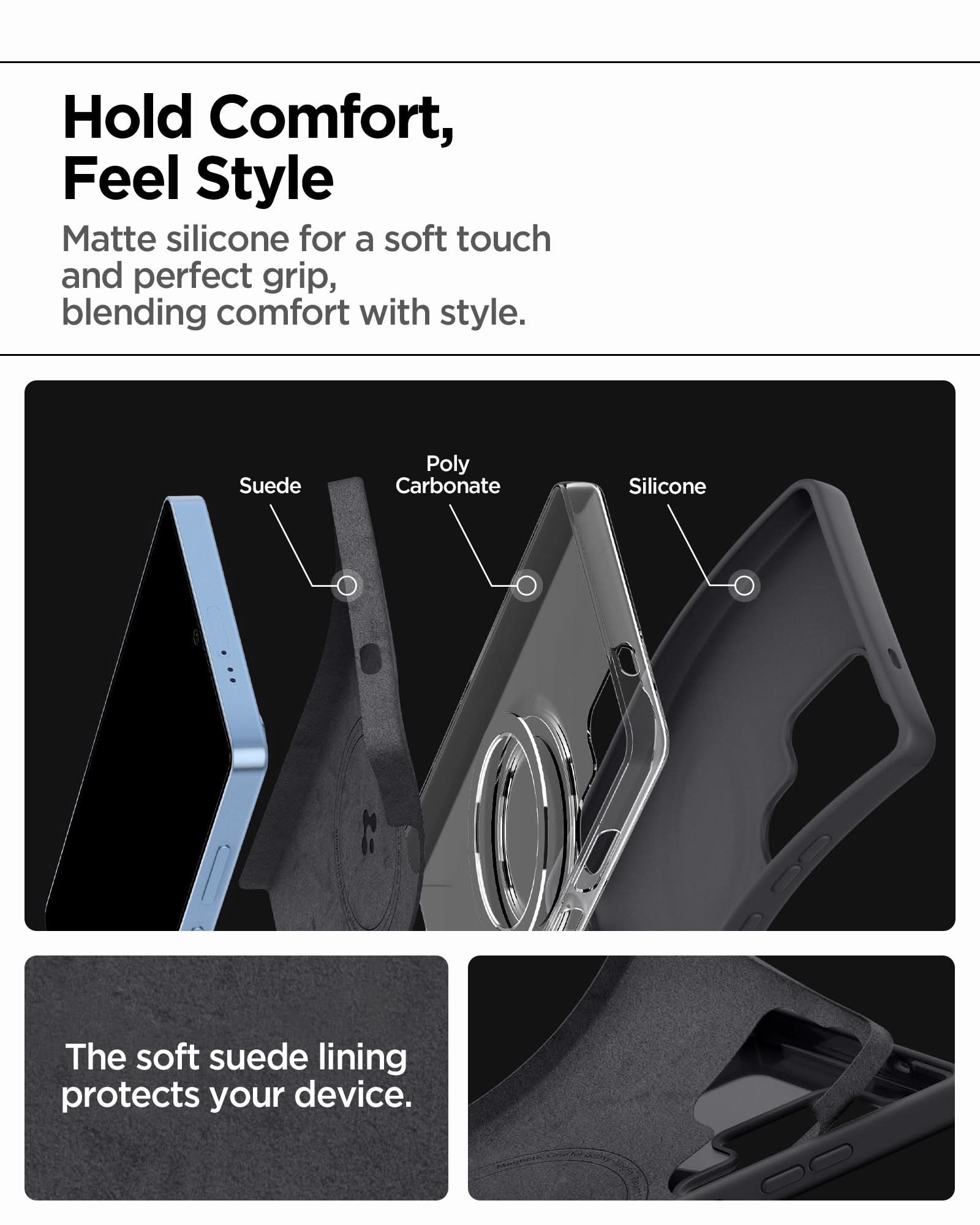 ACS09017 - Galaxy S25 Ultra Case Silicone Fit (MagFit + Qi2 Ready) in Black showing matte silicone for a soft touch and perfect grip, blending comfort with style. Hold comfort, feel style. The soft suede lining protects your device