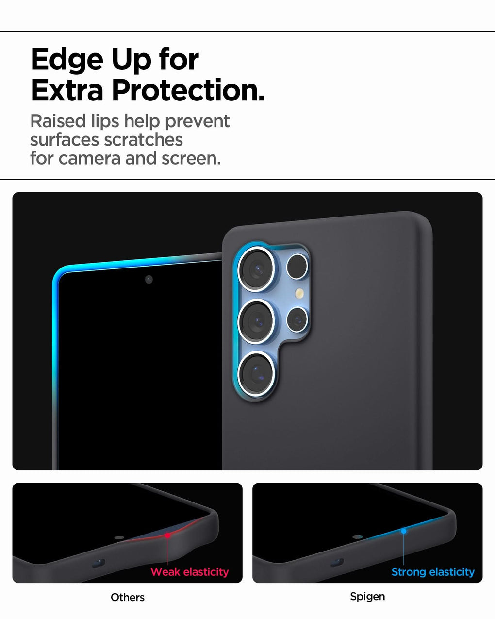 ACS09017 - Galaxy S25 Ultra Case Silicone Fit (MagFit + Qi2 Ready) in Black showing edge up for extra protection. Raised lips help prevent surfaces scratches for camera and screen