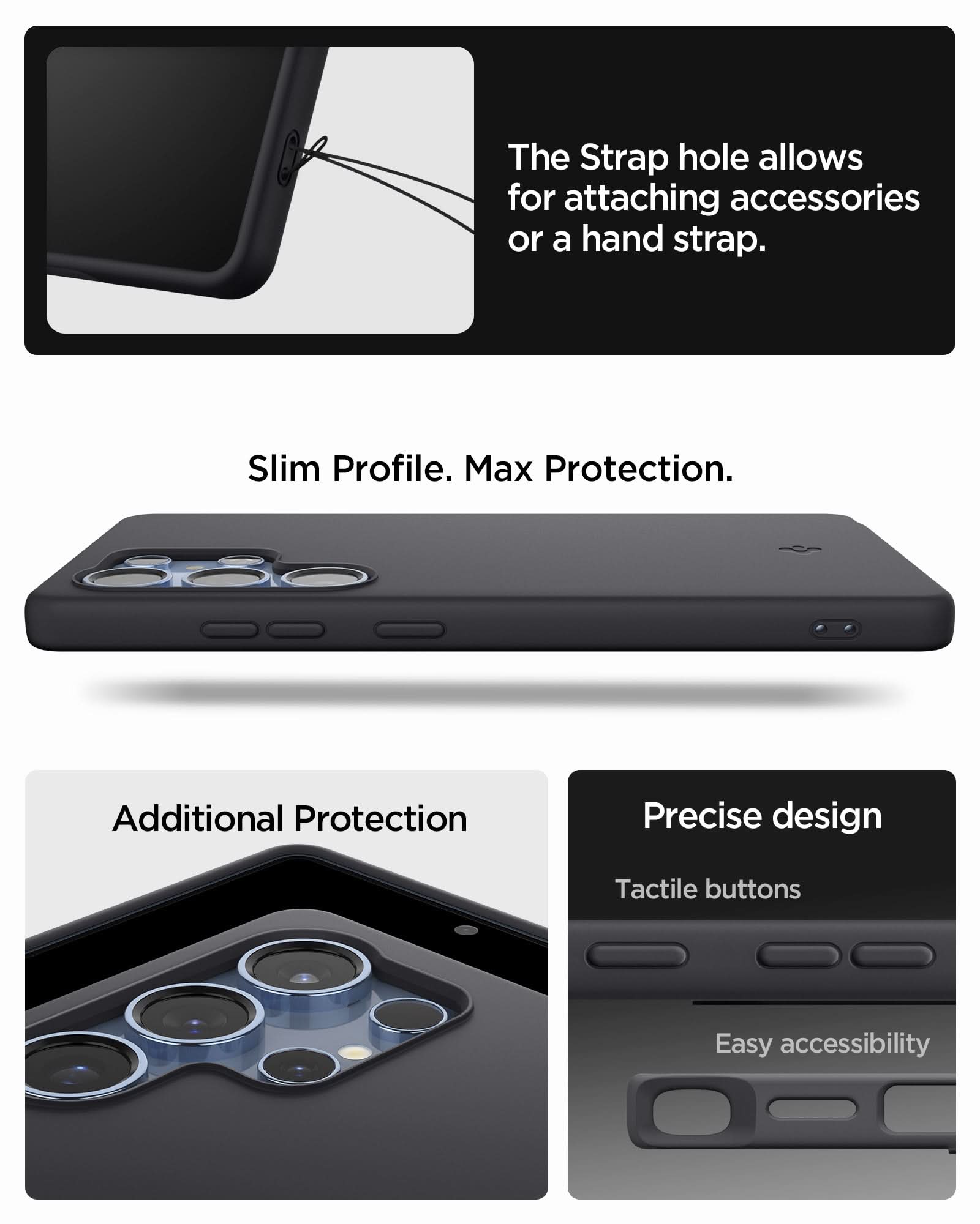 ACS09017 - Galaxy S25 Ultra Case Silicone Fit (MagFit + Qi2 Ready) in Black showing the strap hole allows for attaching accessories or a hand strap. Slim Profile. Max Protection. Additional Protection, Precise design - tactile buttons and easy accessibility