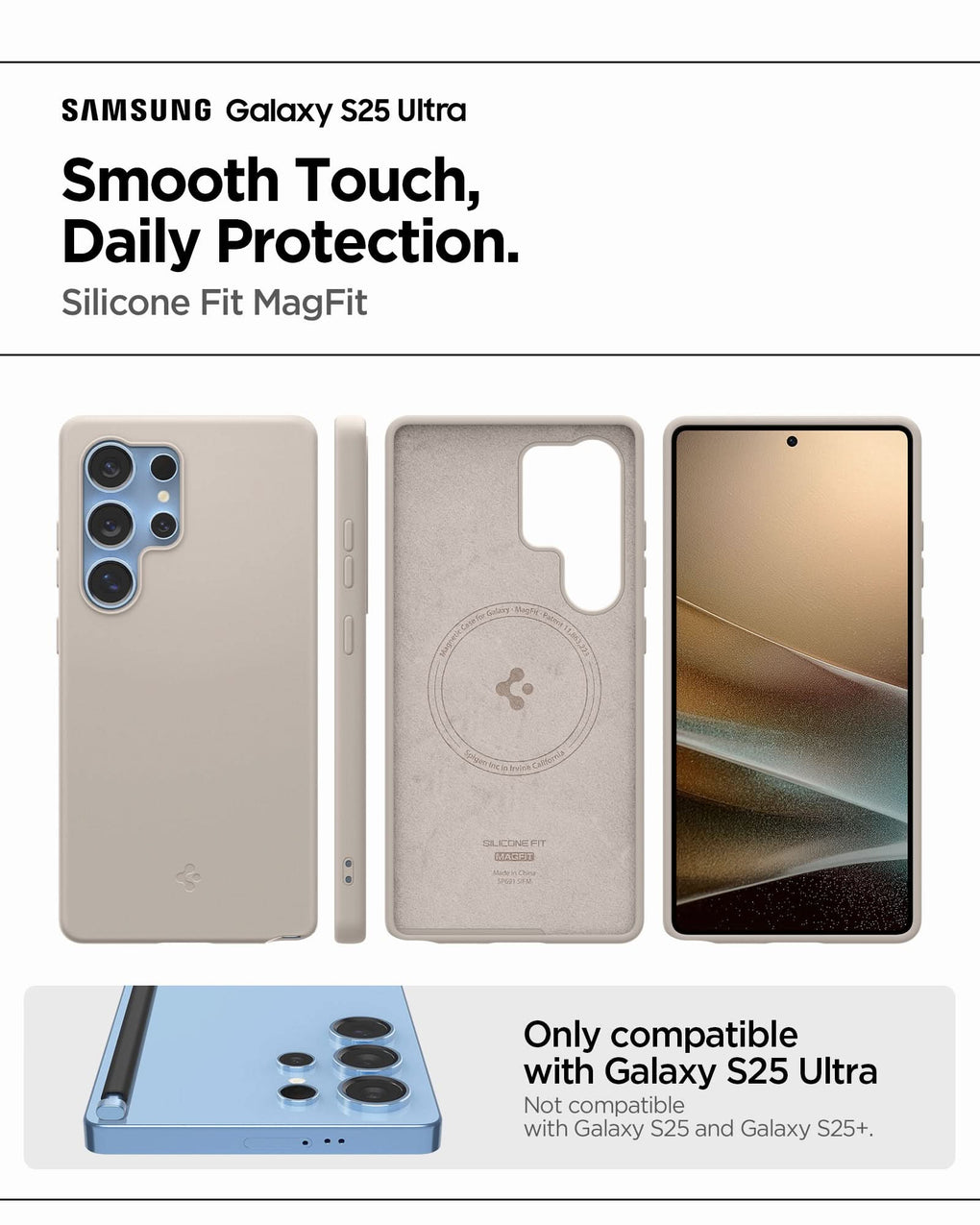 ACS09165 - Galaxy S25 Ultra Case Silicone Fit (MagFit + Qi2 Ready) in Natural Titanium showing the smooth touch daily protection. Silicone Fit MagFit. Only compatible with Galaxy S25 Ultra and not compatible with Galaxy S25 and Galaxy S25+