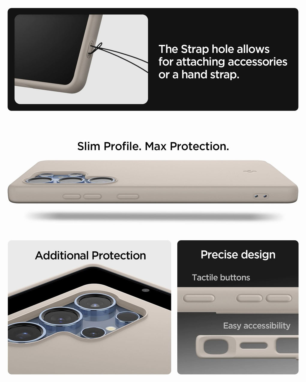 ACS09165 - Galaxy S25 Ultra Case Silicone Fit (MagFit + Qi2 Ready) in Natural Titanium showing the strap hole allows for attaching accessories or a hand strap. Slim Profile. Max Protection. Additional Protection, Precise design - tactile buttons and easy accessibility
