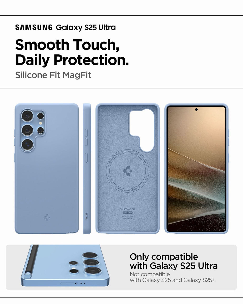ACS09018 - Galaxy S25 Ultra Case Silicone Fit (MagFit + Qi2 Ready) in Sapphire Blue showing the smooth touch daily protection. Silicone Fit MagFit. Only compatible with Galaxy S25 Ultra and not compatible with Galaxy S25 and Galaxy S25+