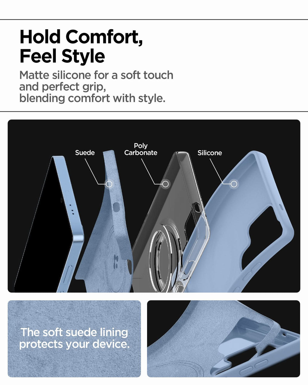 ACS09018 - Galaxy S25 Ultra Case Silicone Fit (MagFit + Qi2 Ready) in Sapphire Blue showing the matte silicone for a soft touch and perfect grip, blending comfort with style. Parts: Suede, Poly Carbonate and Silicone. The soft suede lining protects your device