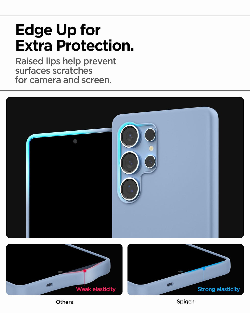 ACS09018 - Galaxy S25 Ultra Case Silicone Fit (MagFit + Qi2 Ready) in Sapphire Blue showing the edge up for extra protection. Raised lips help prevent surfaces scratches for camera and screen