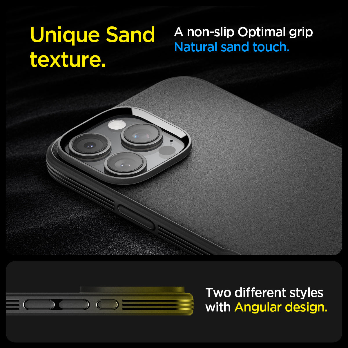 ACS08021 - iPhone 16 Pro Max Sand Blast in Matte Black showing unique sand texture