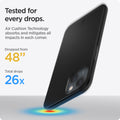 ACS03677 - iPhone 13 Case Thin Fit in black showing tested for every drops with Air Cushion Technology absorbs and mitigates all impacts in each corner. Dropped from 48