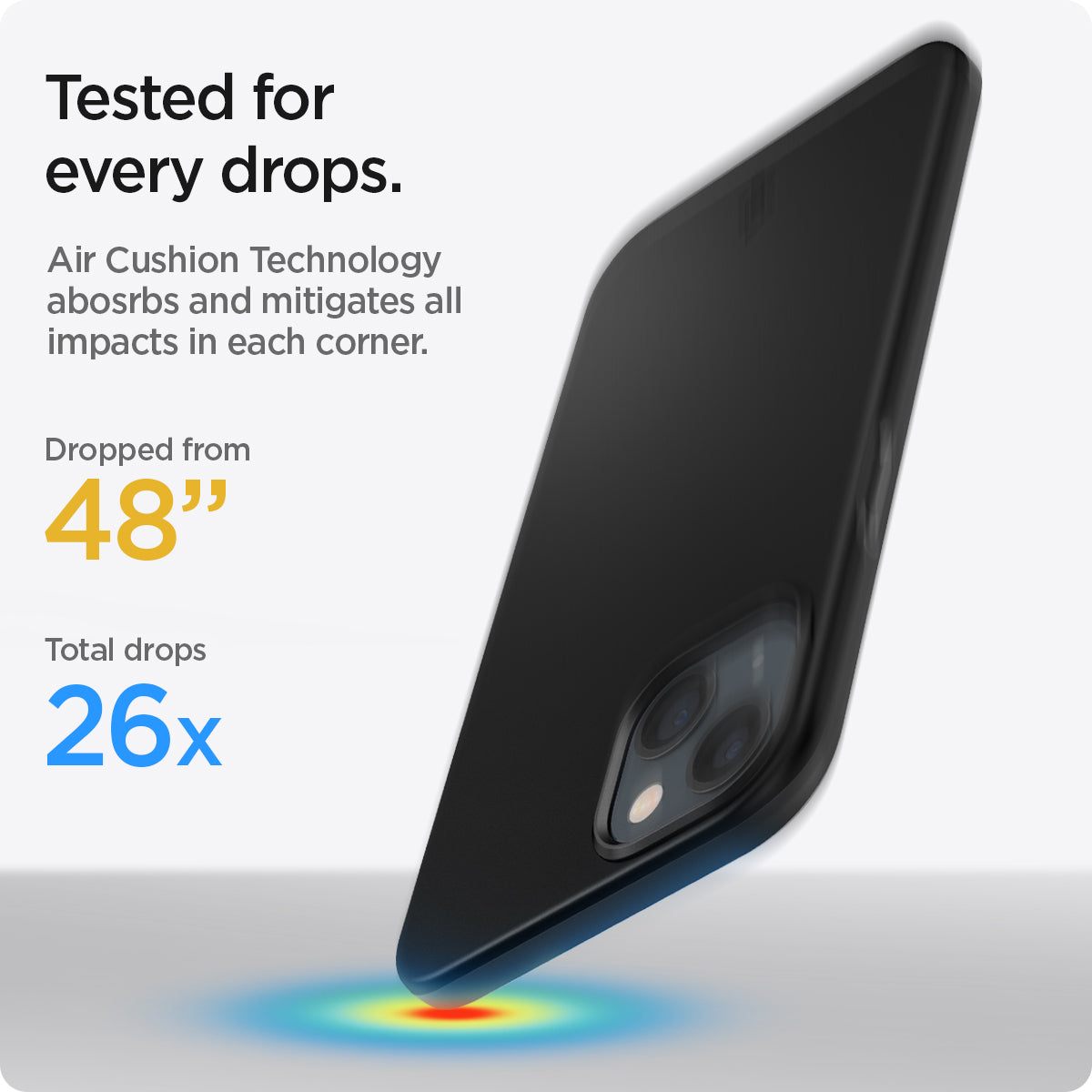 ACS03677 - iPhone 13 Case Thin Fit in black showing tested for every drops with Air Cushion Technology absorbs and mitigates all impacts in each corner. Dropped from 48" | Total drops 26x
