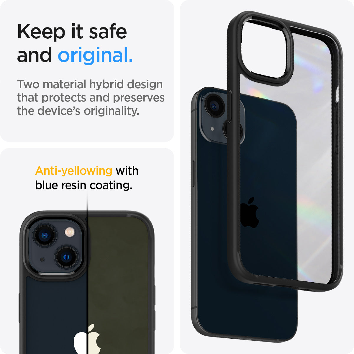 ACS03523 - iPhone 13 Case Ultra Hybrid in matte black showing the two material hybrid design that protects and preserves the device's originality. Anti-yellowing with blue resin coating