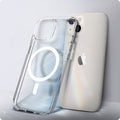 ACS03528 - iPhone 13 Case Ultra Hybrid Mag Safe Compatible in white showing the back of the case leaning against the back of the device