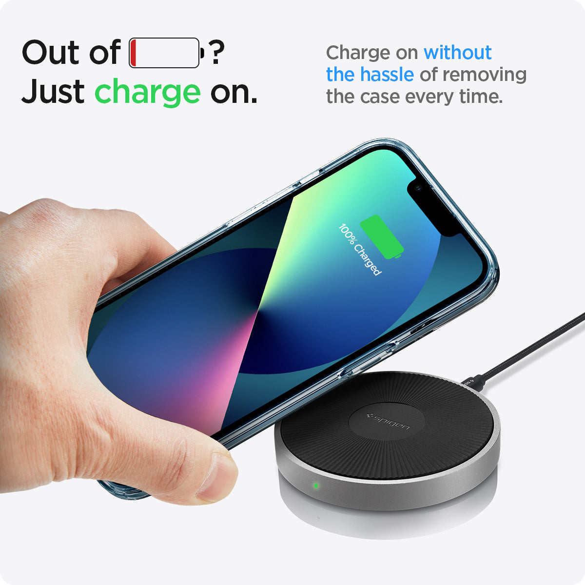 ACS03317 - iPhone 13 Mini Case Ultra Hybrid in crystal clear showing the charging on without the hassle of removing the case every time