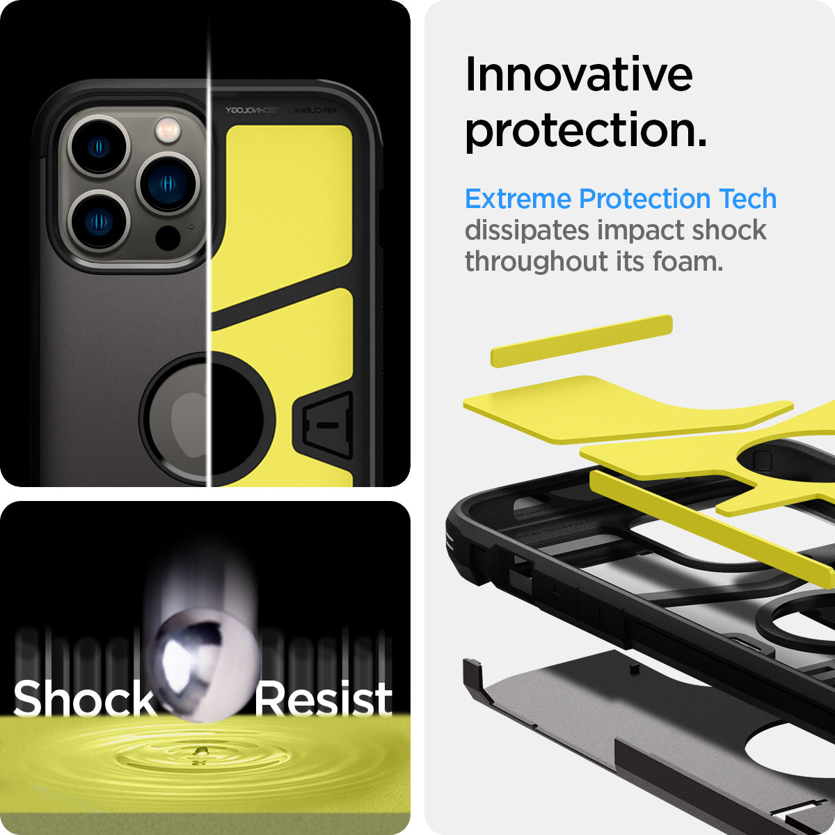 ACS03221 - iPhone 13 Pro Max Case Tough Armor in gunmetal showing the  innovative protection. Extreme Protection Tech. Extreme Protection Tech dissipates impact shock throughout is foam