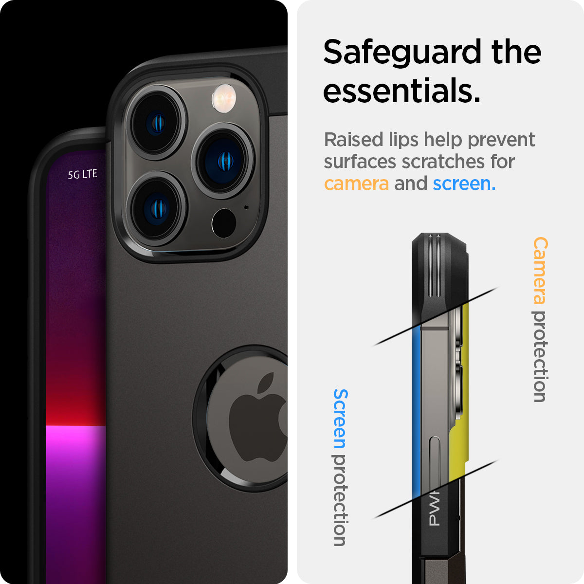 ACS03221 - iPhone 13 Pro Max Case Tough Armor in gunmetal showing the safeguard the essentials. Raised lips help prevent surfaces scratches for camera and screen.
