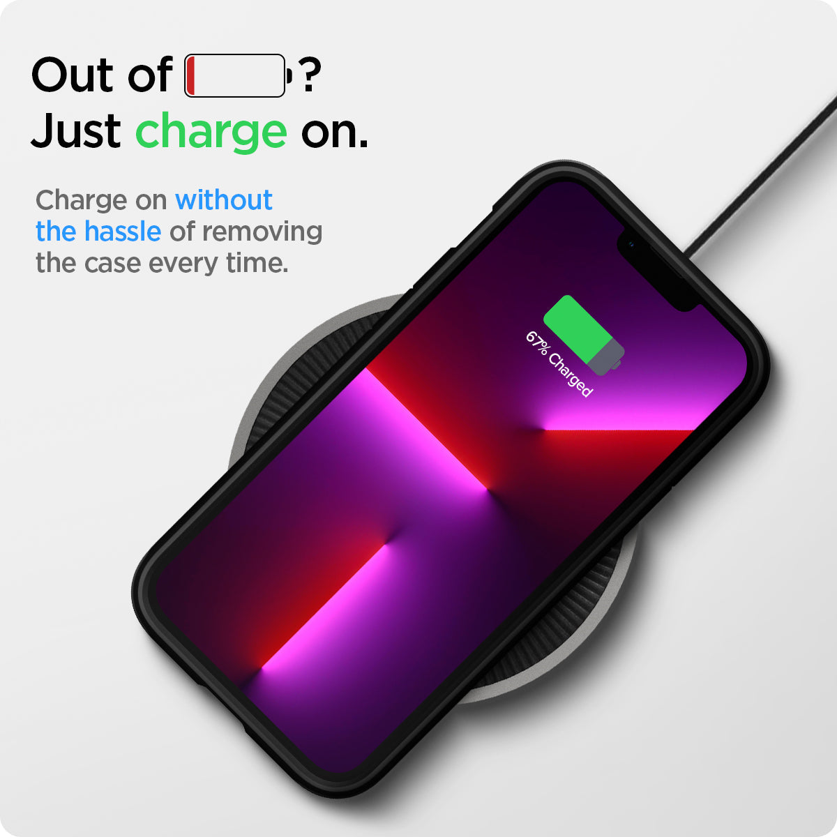ACS03221 - iPhone 13 Pro Max Case Tough Armor in gunmetal showing the  charging on without the hassle of removing the case every time