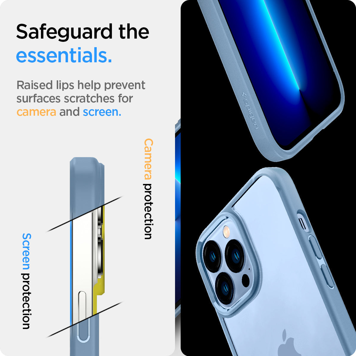 ACS04131 - iPhone 13 Pro Max Case Ultra Hybrid in sierra blue showing the raised lips help prevent surfaces scratches for camera and screen. Screen protection and Camera protection