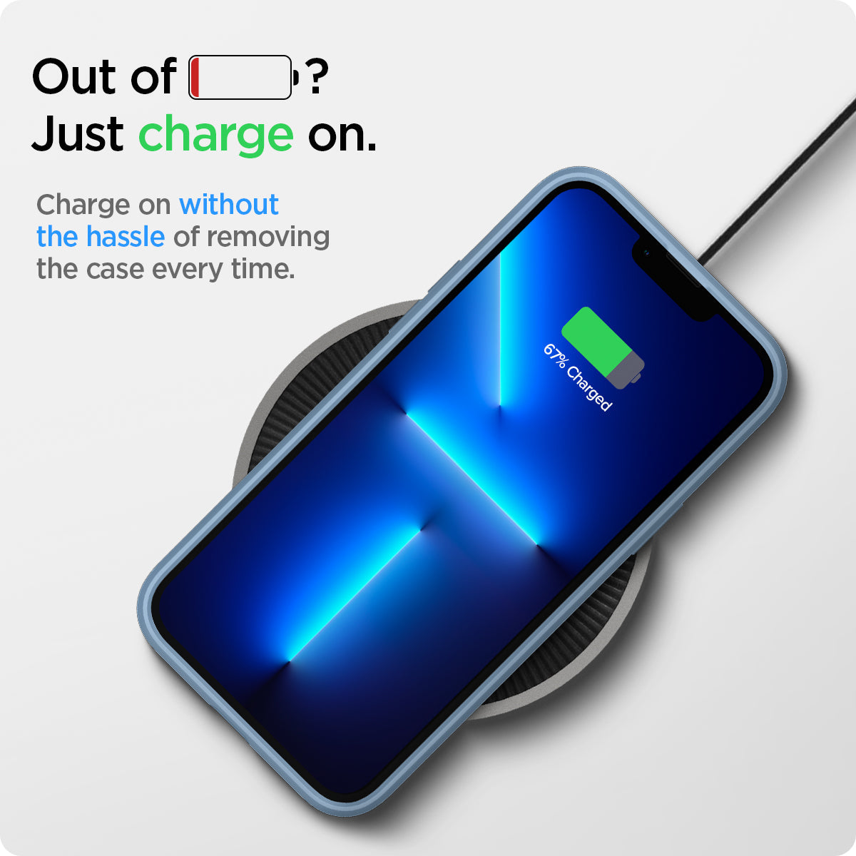 ACS04131 - iPhone 13 Pro Max Case Ultra Hybrid in sierra blue showing charging on without the hassle of removing the case every time