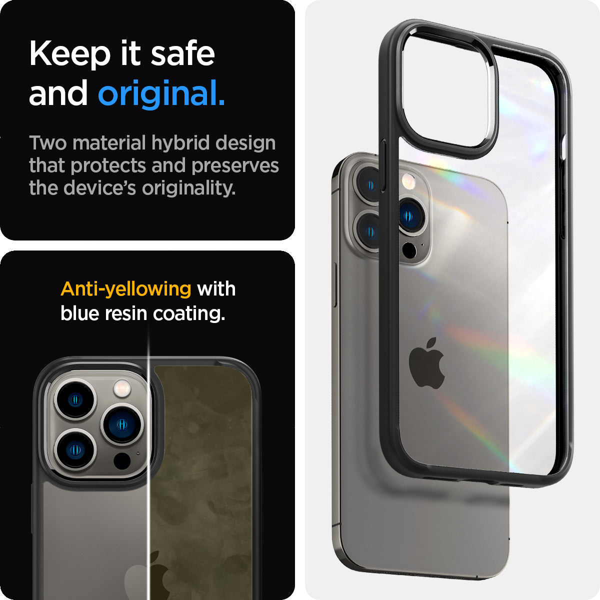 ACS03205 - iPhone 13 Pro Max Case Ultra Hybrid in matte black showing two material hybrid design that protects and preserves the device's originality. Anti-yellowing with blue resin coating
