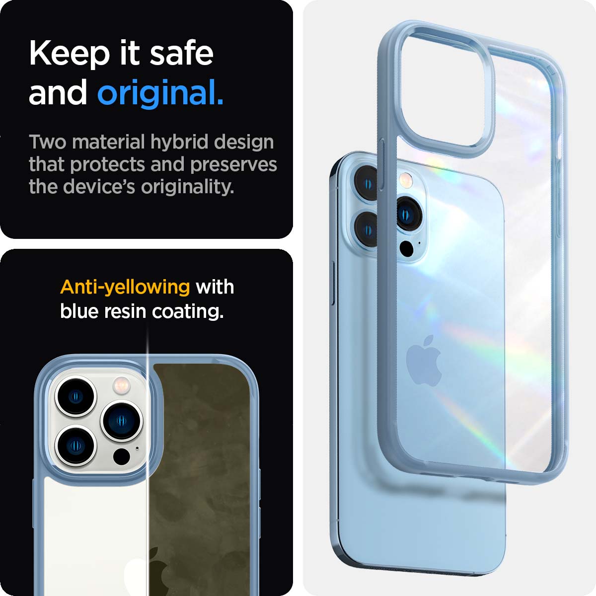 ACS04132 - iPhone 13 Pro Case Ultra Hybrid in sierra blue showing the two material hybrid design that protects and preserves the device's originality. Anti-yellowing with blue resin coating