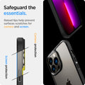 ACS03262 - iPhone 13 Pro Case Ultra Hybrid in matte black showing the raised lips help prevent surfaces scratches for camera and screen. Screen protection and Camera protection
