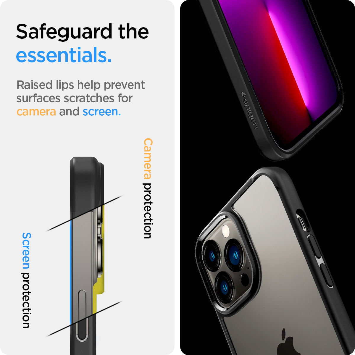 ACS03262 - iPhone 13 Pro Case Ultra Hybrid in matte black showing the raised lips help prevent surfaces scratches for camera and screen. Screen protection and Camera protection