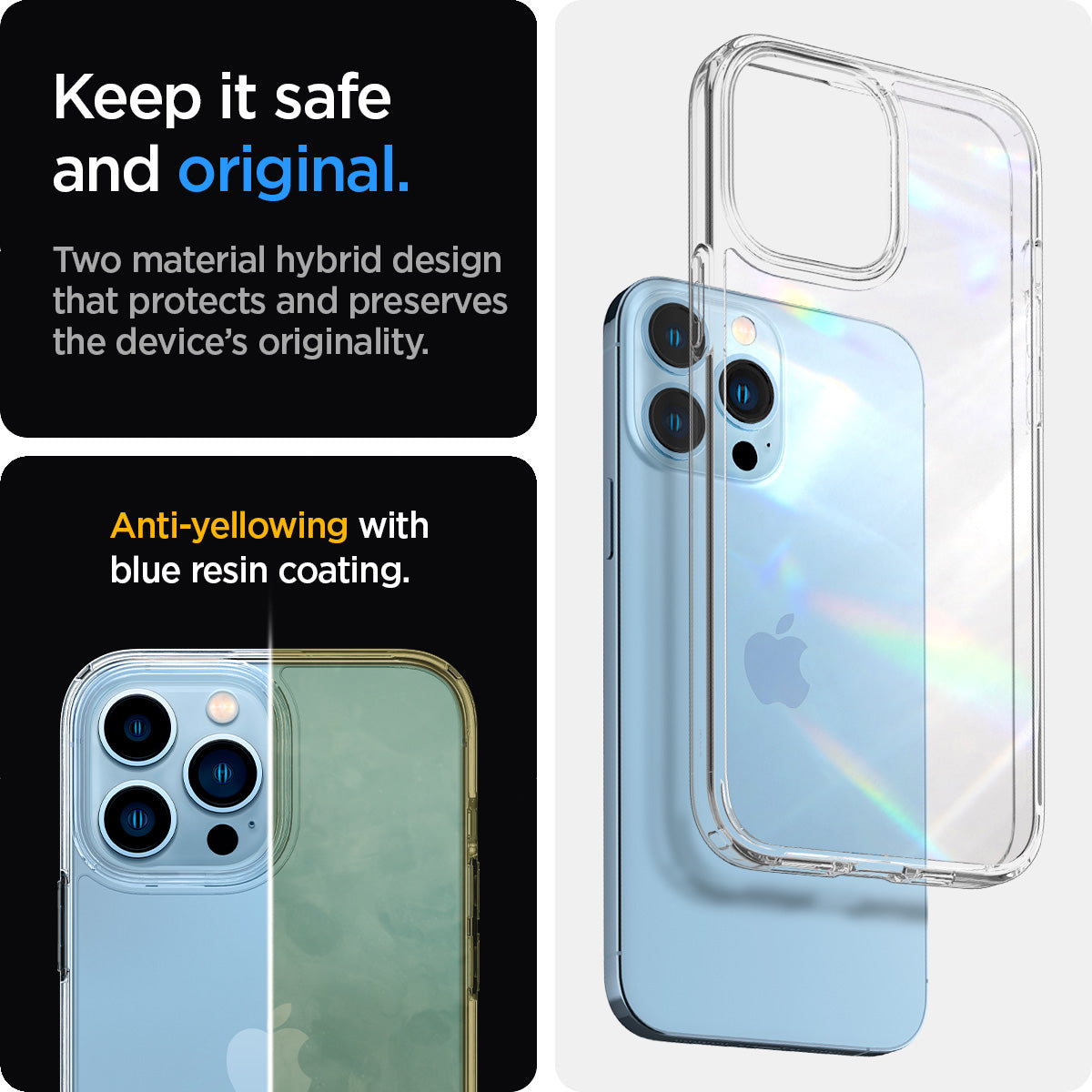 ACS03261 - iPhone 13 Pro Case Ultra Hybrid in crystal clear showing the two material hybrid design that protects and preserves the device's originality. Anti-yellowing with blue resin coating