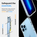 ACS03261 - iPhone 13 Pro Case Ultra Hybrid in crystal clear showing the raised lips help prevent surfaces scratches for camera and screen. Screen protection and Camera protection