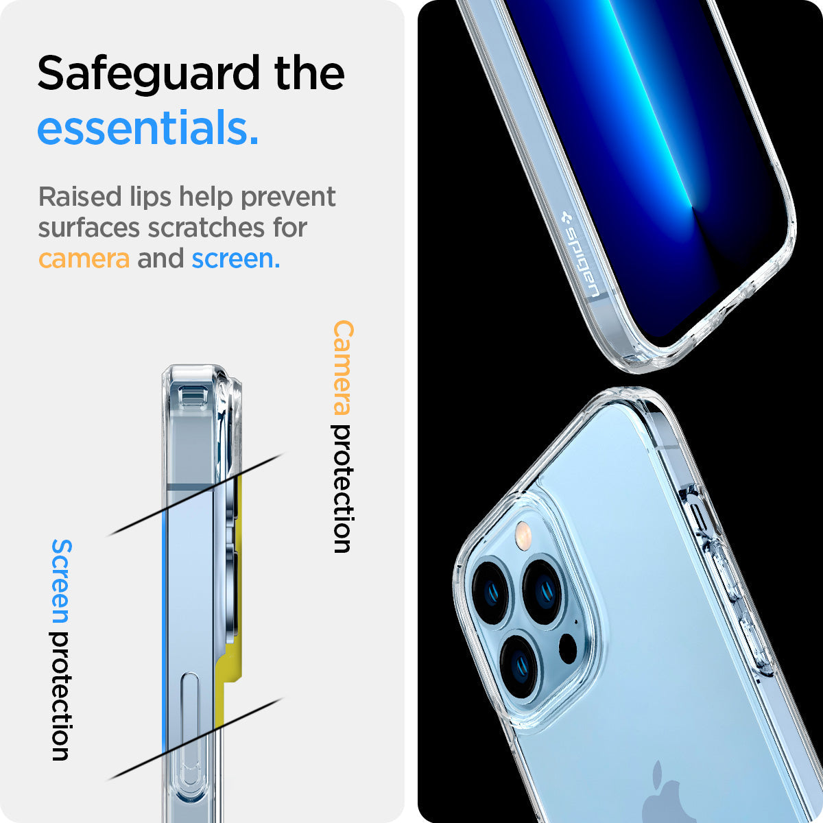 ACS03261 - iPhone 13 Pro Case Ultra Hybrid in crystal clear showing the raised lips help prevent surfaces scratches for camera and screen. Screen protection and Camera protection