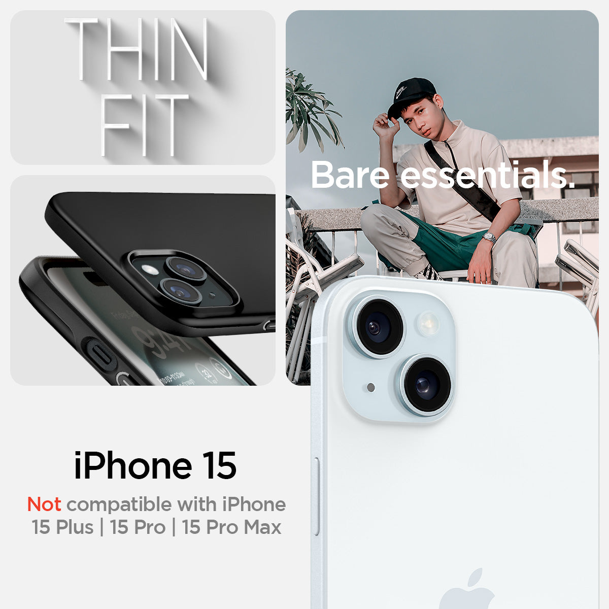 ACS06776 - iPhone 15 Case Thin Fit in black  Thin Fit in black thin fit. Bare essentials. compatibility only with iPhone 15. Not compatible with iPhone 15 Plus | 15 Pro | 15 Pro Max