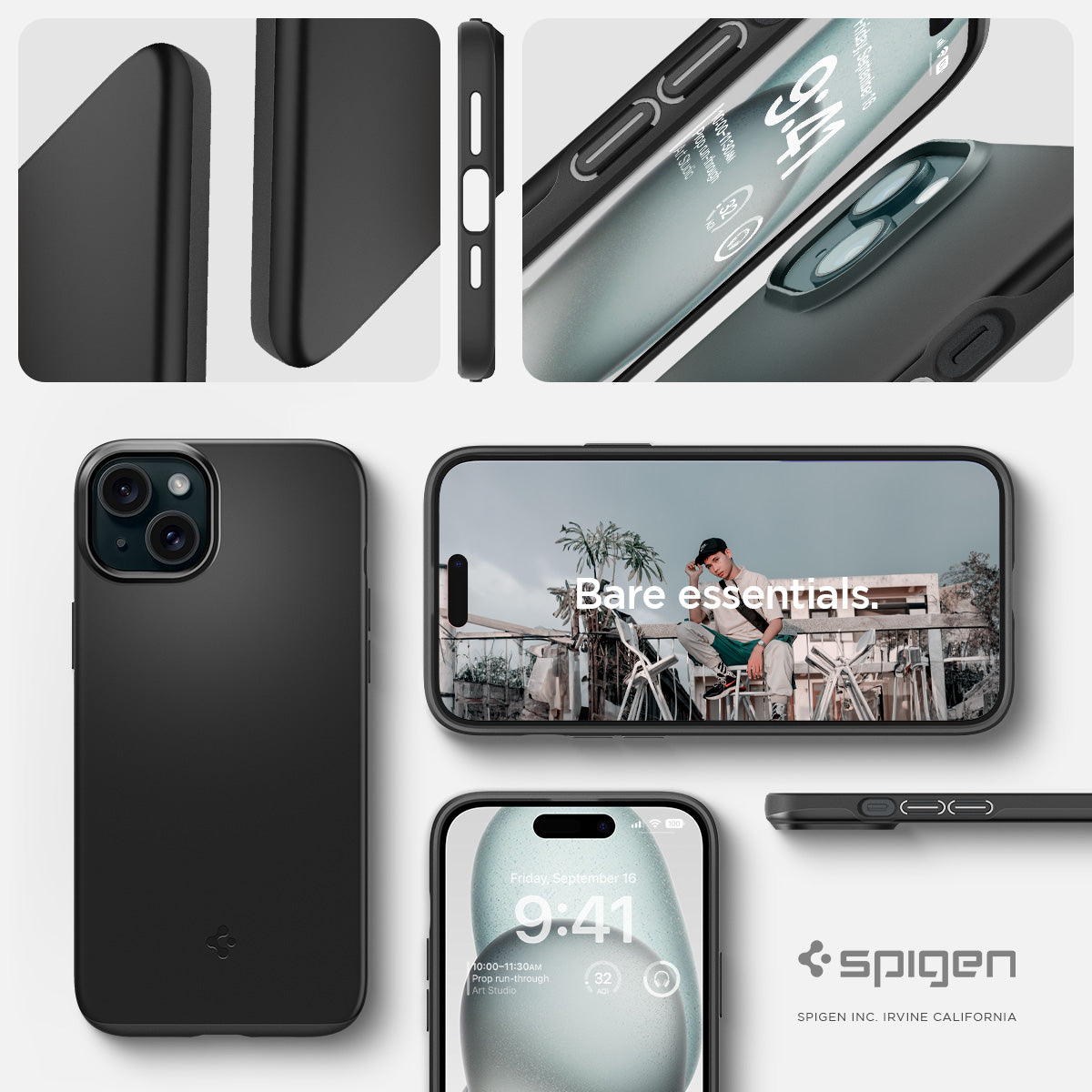 ACS06776 - iPhone 15 Case Thin Fit in black bare essentials. spigen.