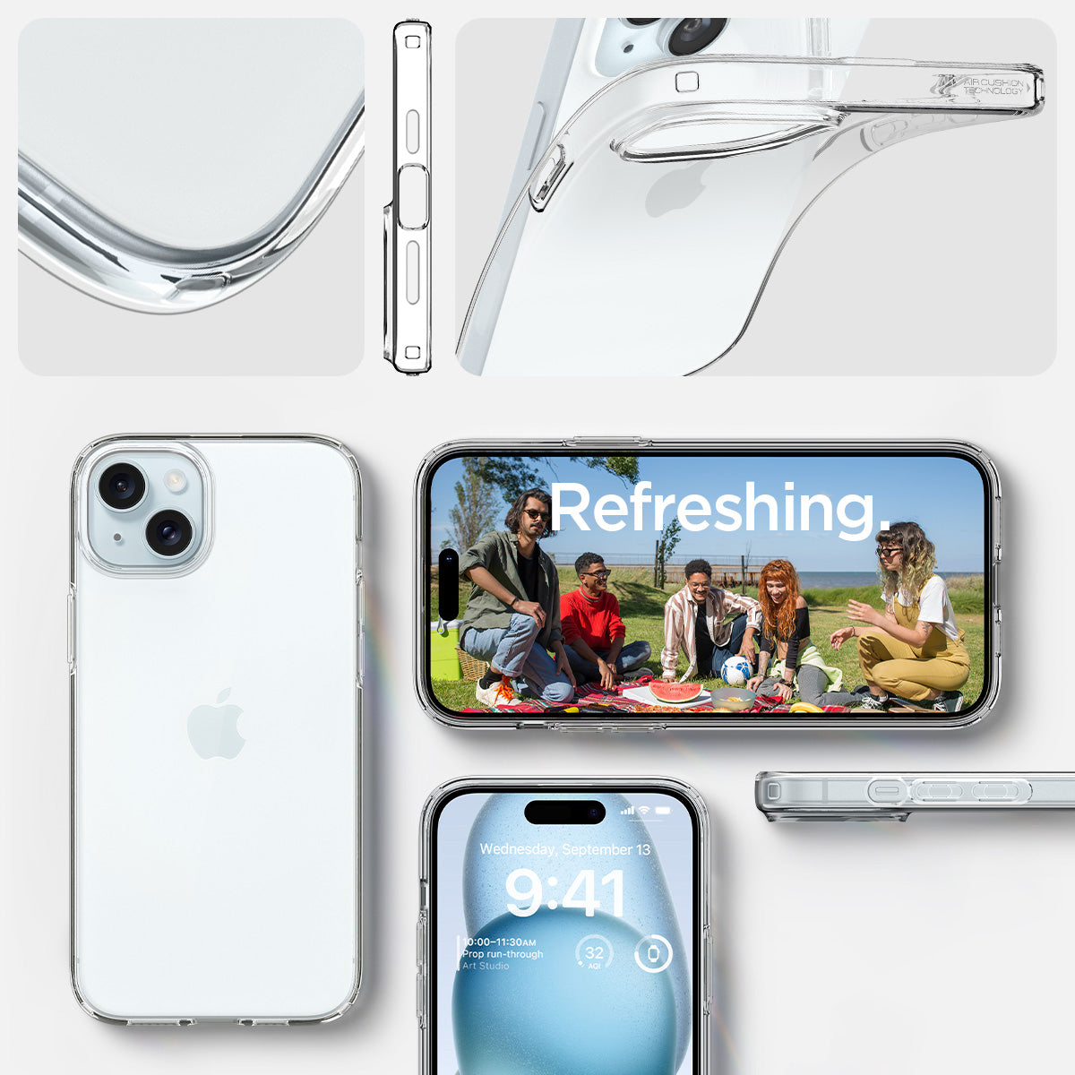 ACS06647 - iPhone 15 Plus Case Liquid Crystal in crystal clear showing the different angles