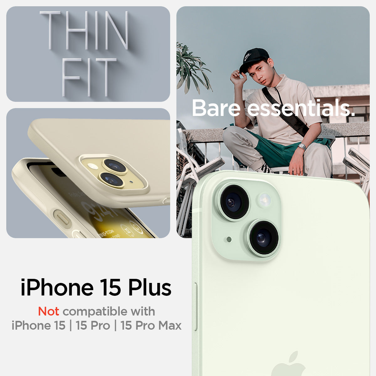 ACS06642 - iPhone 15 Plus Case Thin Fit in mute beige  Thin Fit in black thin fit. Bare essentials. compatibility only with iPhone 15 Plus. Not compatible with iPhone 15 | 15 Pro | 15 Pro Max