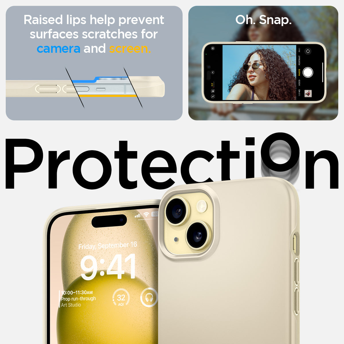 ACS06642 - iPhone 15 Plus Case Thin Fit in mute beige raised edges prevent surface scratches on the camera and screen
