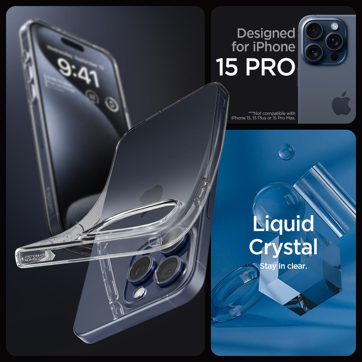 ACS06699 - iPhone 15 Pro Case Liquid Crystal in crystal clear showing the compatibility only with iPhone 15 Pro. Not compatible with iPhone 15 Plus | 15 Pro | 15 Pro Max