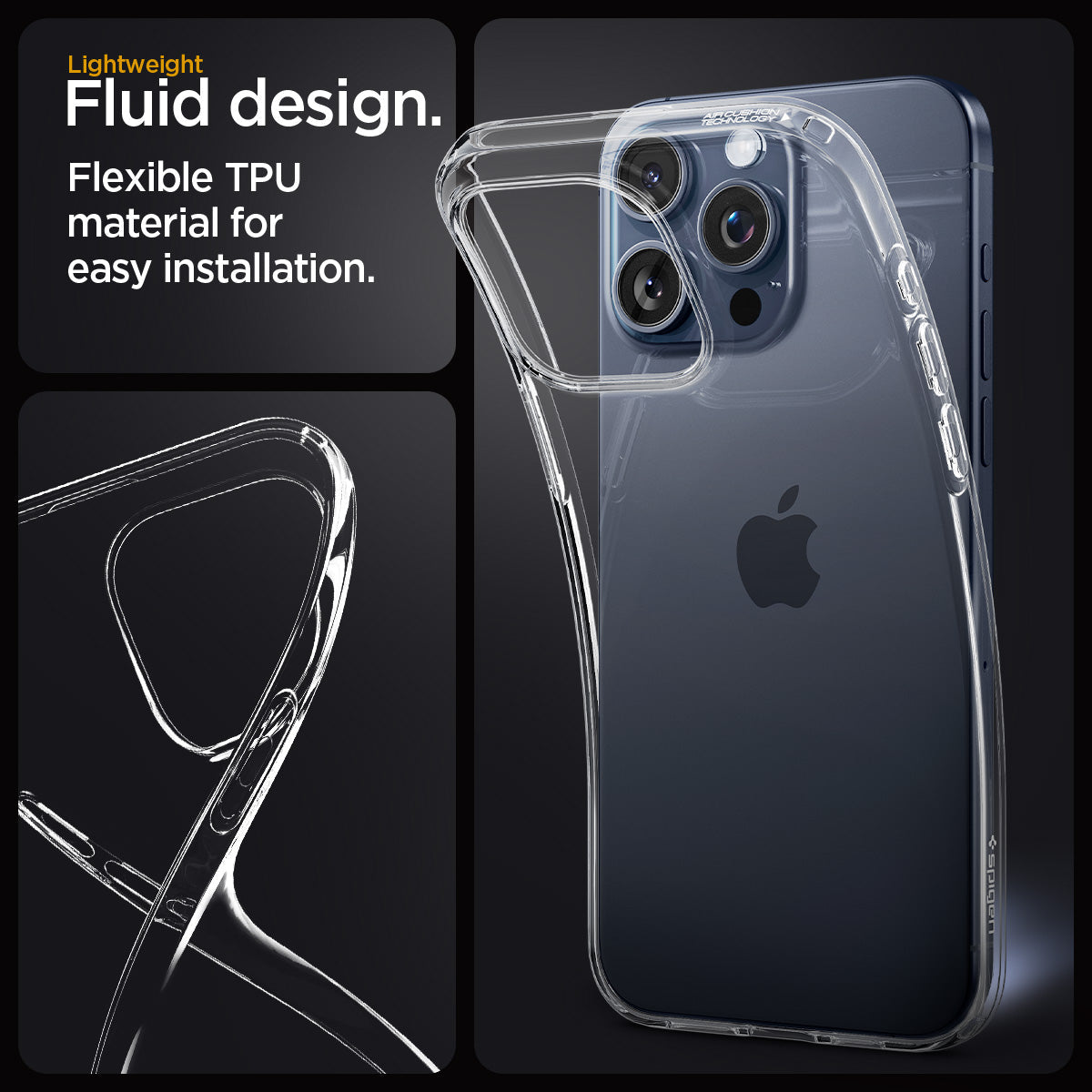 ACS06699 - iPhone 15 Pro Case Liquid Crystal in crystal clear showing the lightweight Fluid design. Flexible TPU material for easy installation