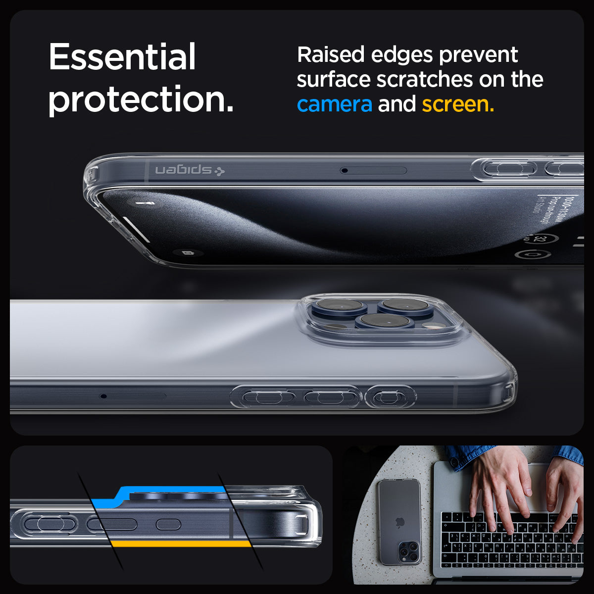 ACS06699 - iPhone 15 Pro Case Liquid Crystal in crystal clear showing the essential protection. Raised edges prevent surface scratches on the camera and screen