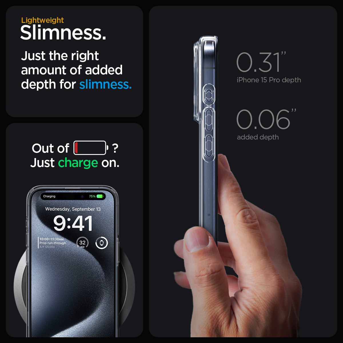 ACS06699 - iPhone 15 Pro Case Liquid Crystal in crystal clear showing the lightweight slimness. Just the right amount of added depth for slimness. 0.31" iPhone 15 Pro Max depth | 0.06" added depth
