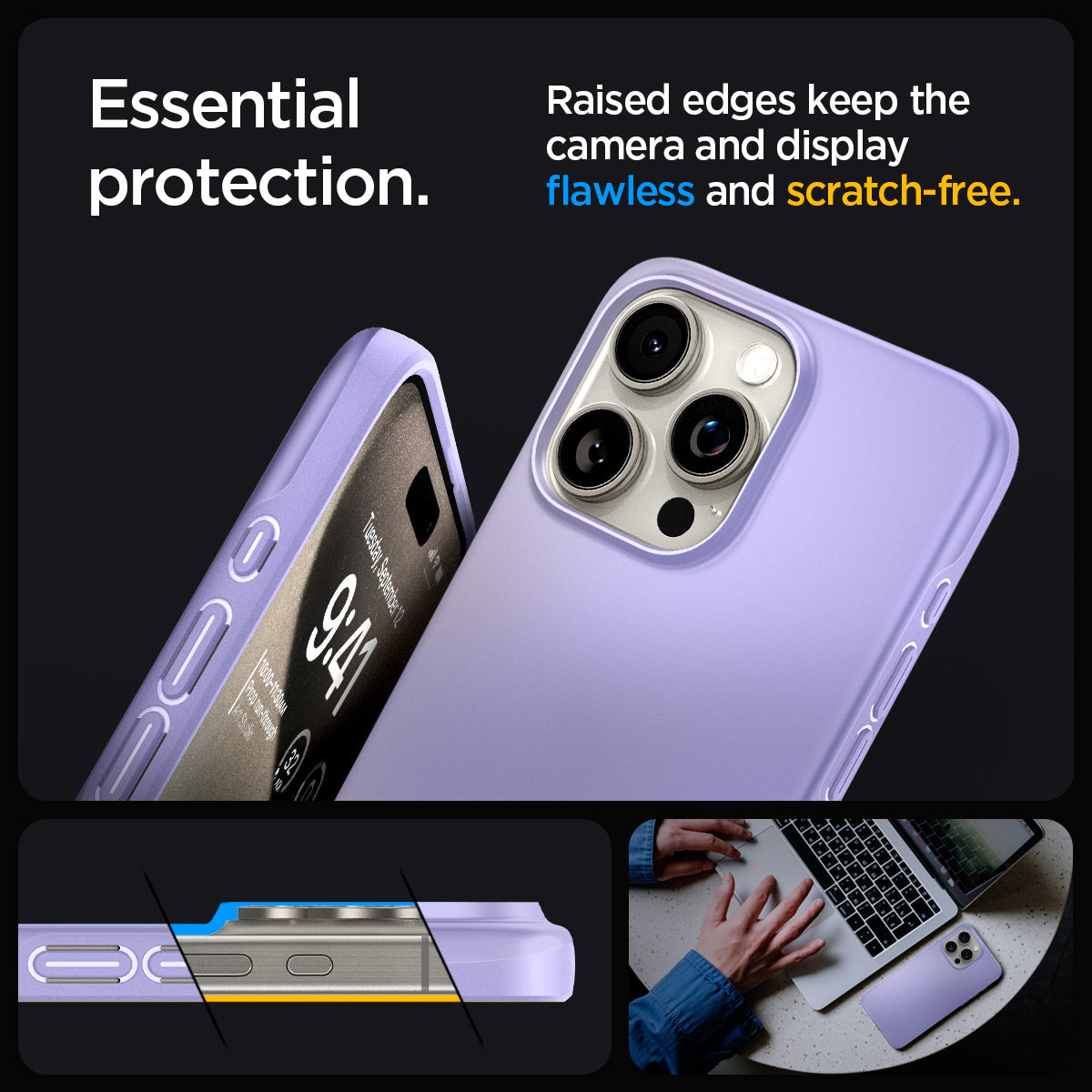 ACS06692 - iPhone 15 Pro Case Thin Fit in iris purple  essential protection. Raised edges keep the camera and display flawless and scratch free.