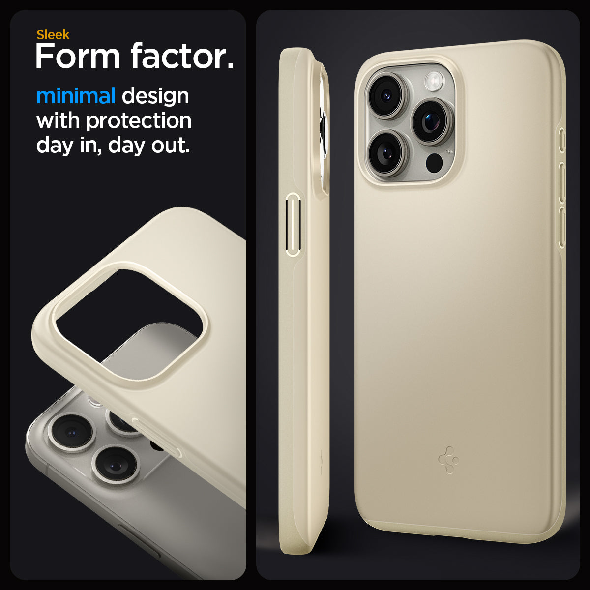 ACS06694 - iPhone 15 Pro Case Thin Fit in mute beige sleek form factor. Minimal design with protection day in, day out.