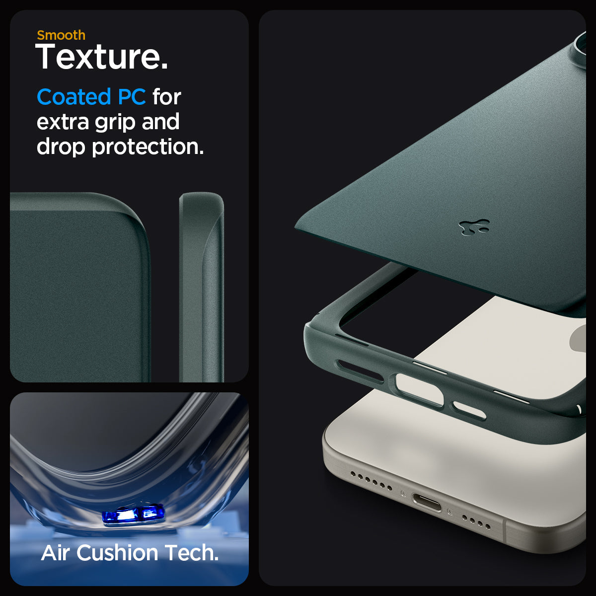 ACS06548 - iPhone 15 Pro Max Case Thin Fit in abyss green smooth texture. Coated PC for extra grip and drop protection. Aircushion tech.