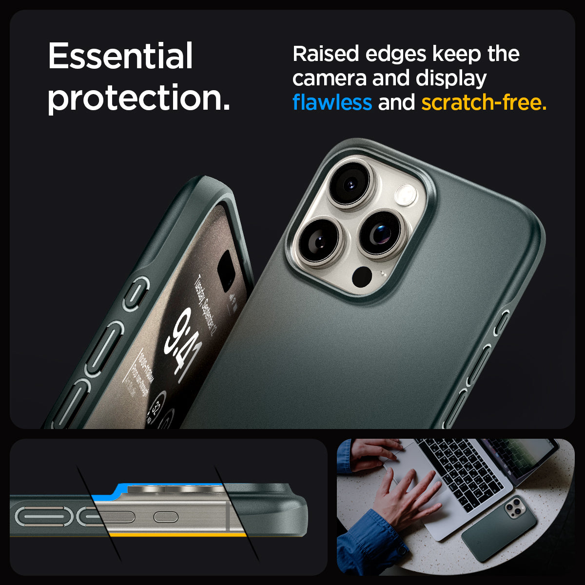 ACS06548 - iPhone 15 Pro Max Case Thin Fit in abyss green essential protection. Raised edges keep the camera and display flawless and scratch free.