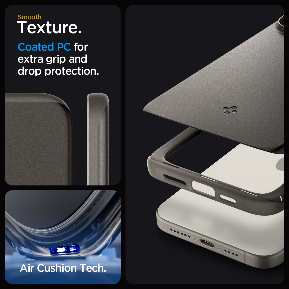 ACS06545 - iPhone 15 Pro Max Case Thin Fit in gunmetal smooth texture. Coated PC for extra grip and drop protection. Aircushion tech.