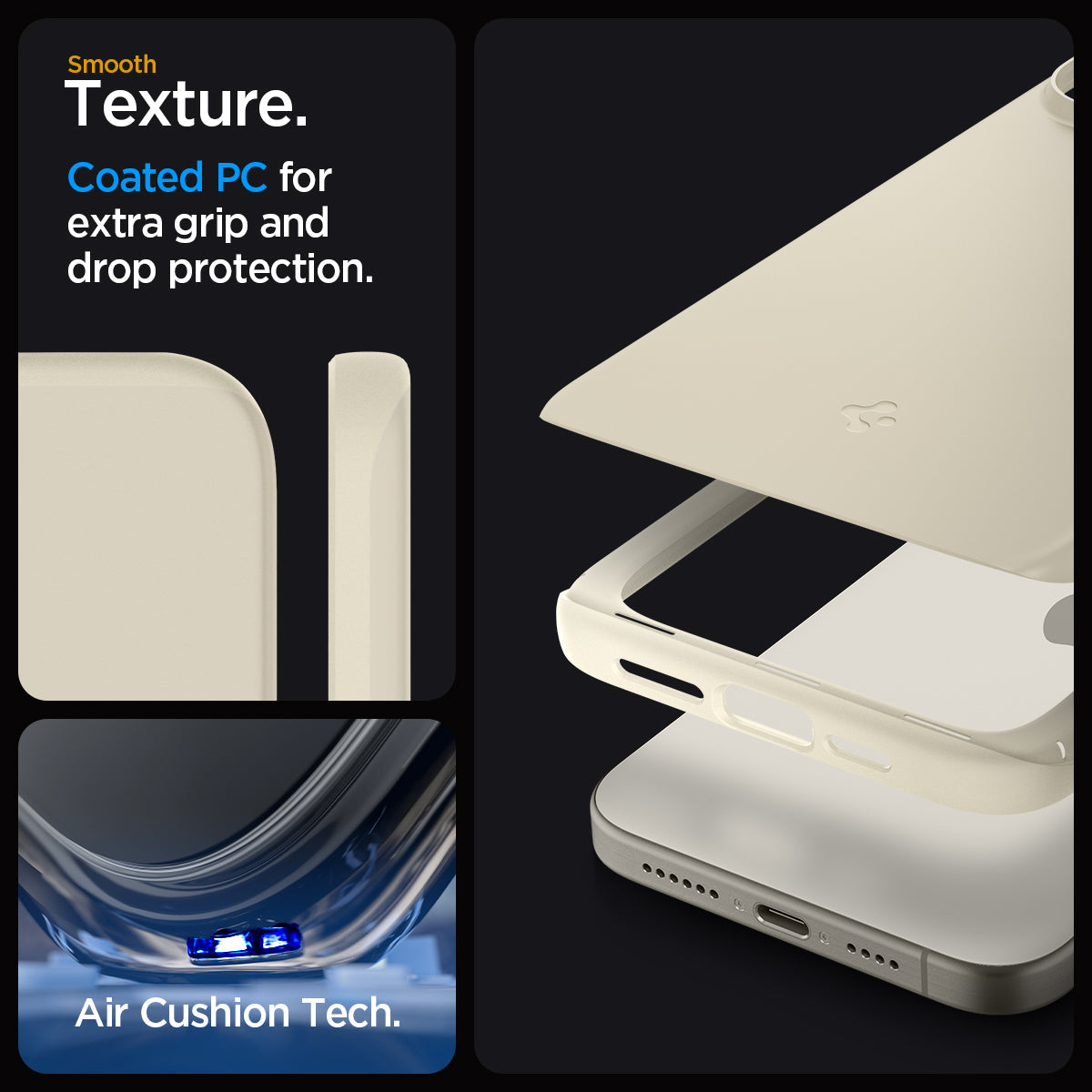 ACS06551 - iPhone 15 Pro Max Case Thin Fit in mute beige  smooth texture. Coated PC for extra grip and drop protection. Aircushion tech.