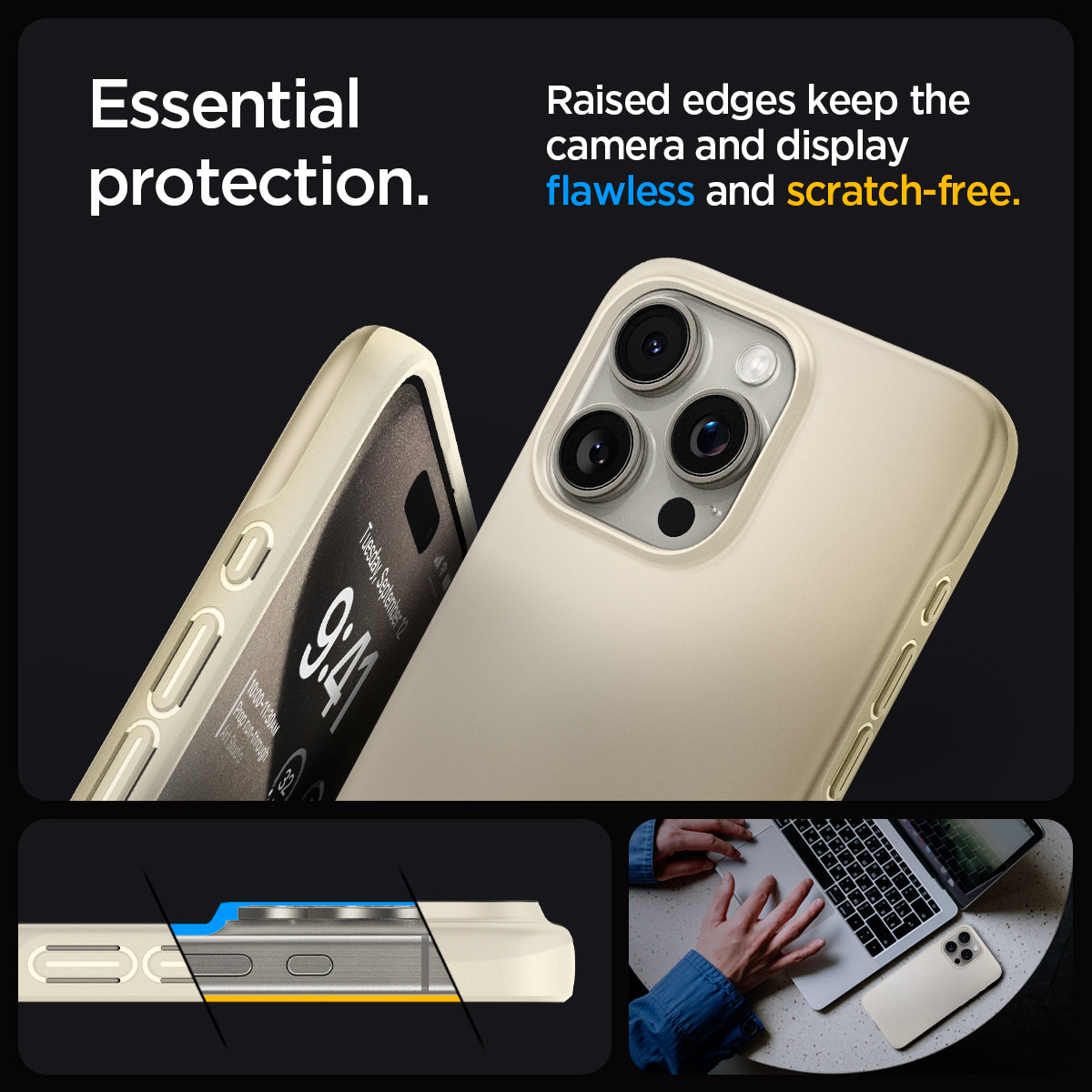 ACS06551 - iPhone 15 Pro Max Case Thin Fit in mute beige essential protection. Raised edges keep the camera and display flawless and scratch free.