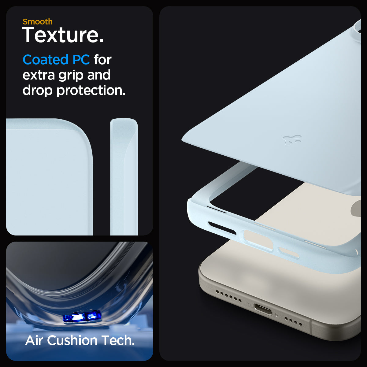 ACS06550 - iPhone 15 Pro Max Case Thin Fit in mute blue smooth texture. Coated PC for extra grip and drop protection. Aircushion tech.
